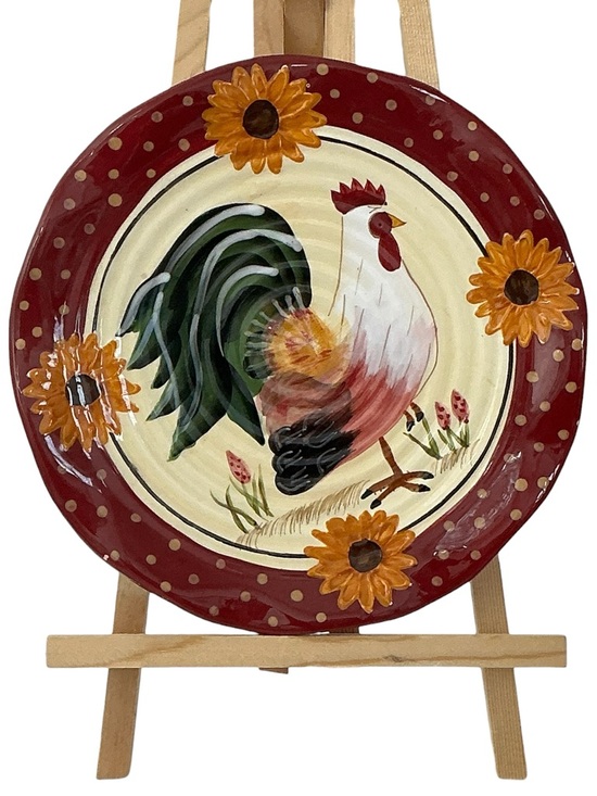 Vintage Other - Hand Painted Rooster Sunflowers Decorative Plate Red Cream Yellow Vintage 1990